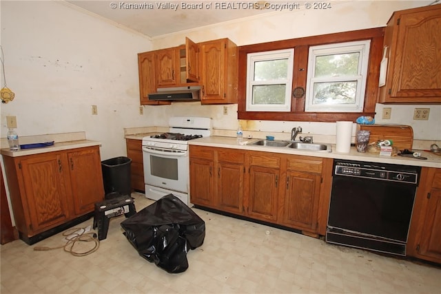 kitchen featuring black dishwasher, sink, gas range gas stove, and crown molding