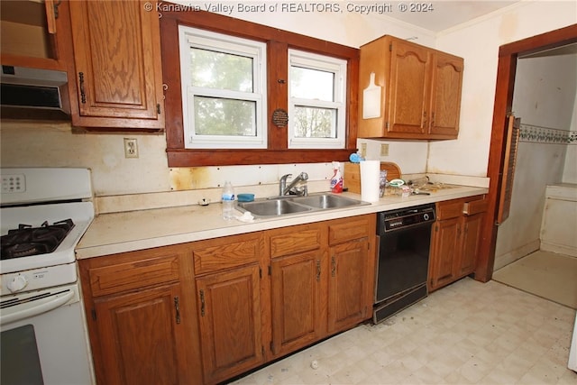 kitchen with sink, ventilation hood, dishwasher, white range with gas stovetop, and crown molding