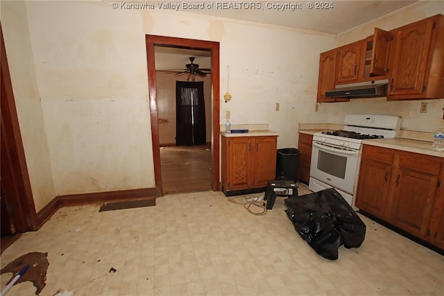 kitchen with white range with gas stovetop, ornamental molding, and ceiling fan