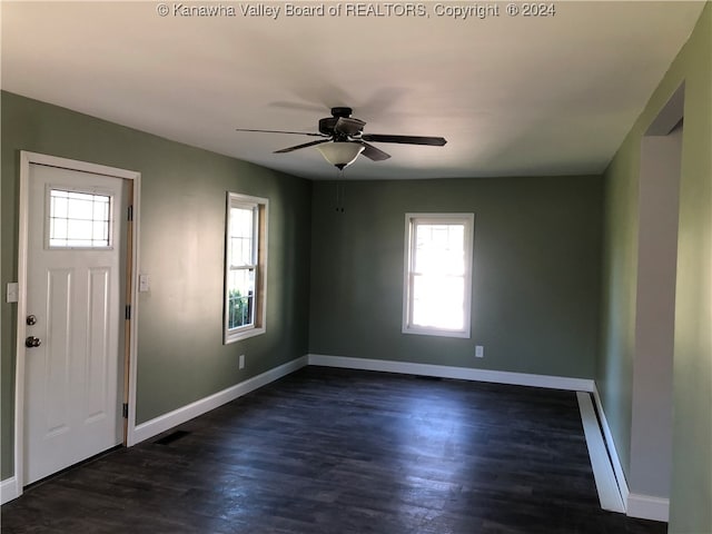 foyer featuring dark hardwood / wood-style floors, ceiling fan, and a wealth of natural light