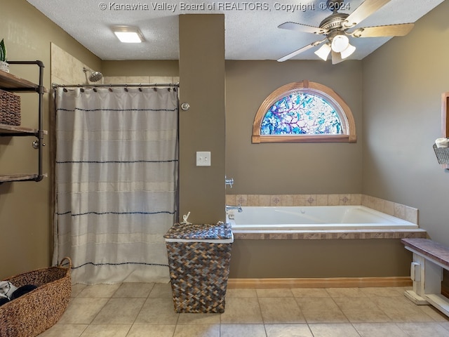 bathroom featuring independent shower and bath, ceiling fan, a textured ceiling, and tile patterned floors