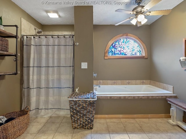 bathroom with tile patterned floors, independent shower and bath, a textured ceiling, and ceiling fan