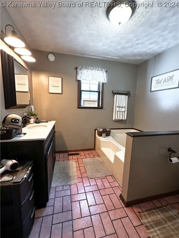 bathroom featuring a bath, vanity, and a textured ceiling