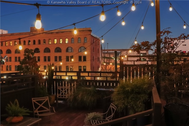 view of outdoor building at dusk