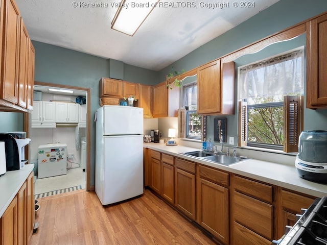 kitchen with light wood-type flooring, sink, and white refrigerator