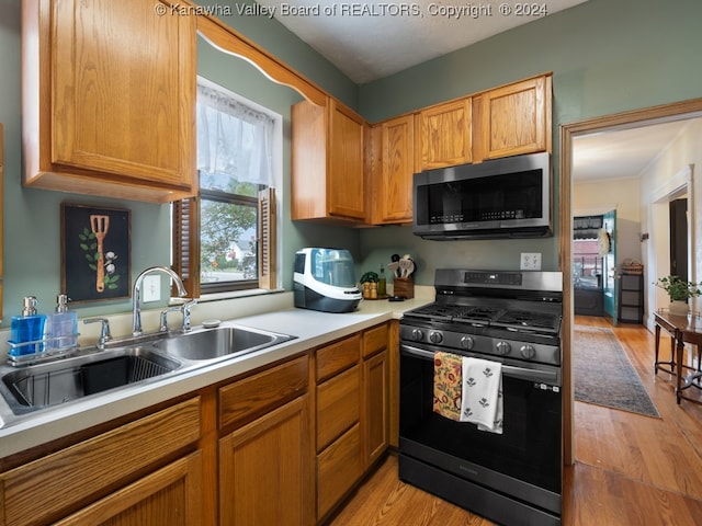 kitchen featuring stainless steel appliances, sink, and light wood-type flooring