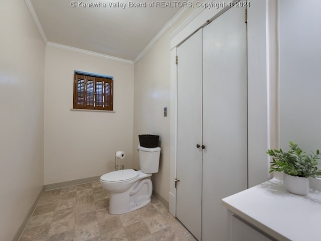 bathroom featuring vanity, toilet, and crown molding