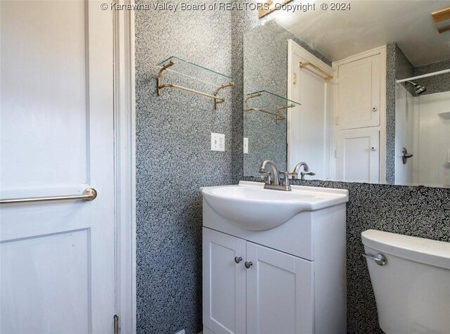 full bath featuring vanity, a shower, and toilet