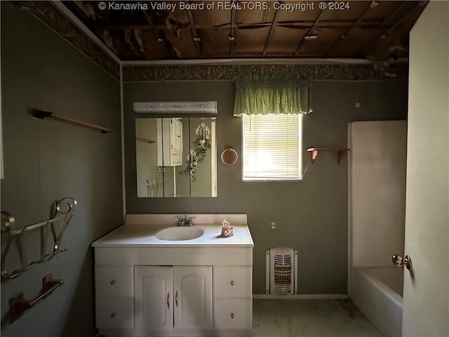 bathroom featuring vanity, washtub / shower combination, and wood ceiling