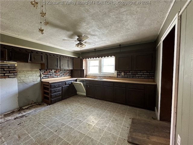 kitchen featuring tasteful backsplash, sink, a textured ceiling, ceiling fan, and dark brown cabinetry