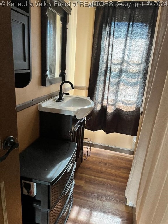 bathroom featuring hardwood / wood-style floors and vanity