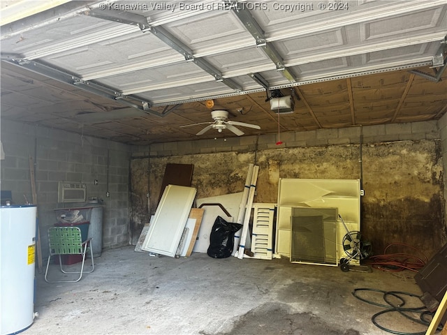 garage with ceiling fan, a garage door opener, and water heater