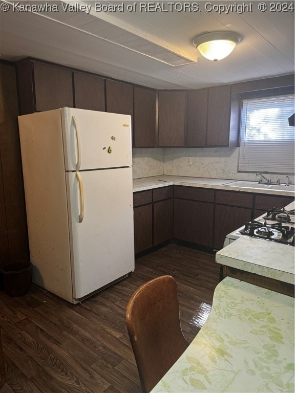 kitchen with sink, dark brown cabinetry, dark hardwood / wood-style floors, and white refrigerator