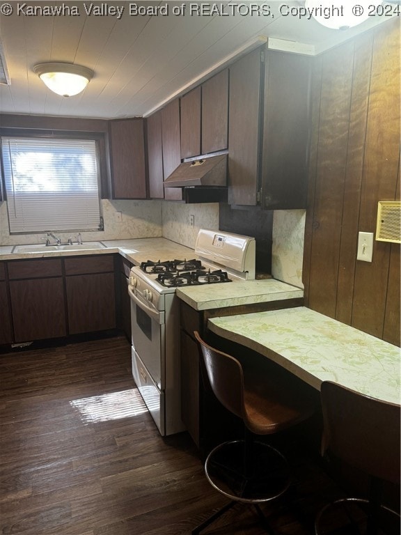 kitchen featuring sink, dark wood-type flooring, dark brown cabinetry, and white gas range