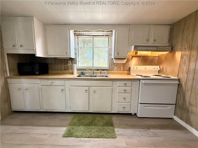 kitchen featuring range hood, sink, light wood-type flooring, white electric stove, and white cabinets