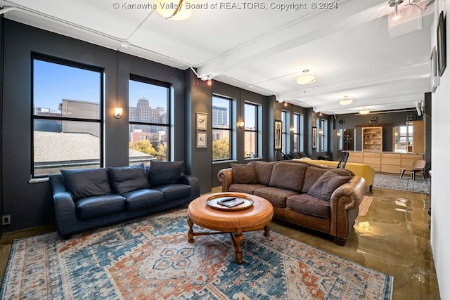 living room with beam ceiling