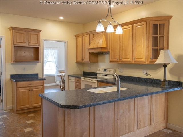 kitchen featuring premium range hood, white electric range oven, sink, and kitchen peninsula