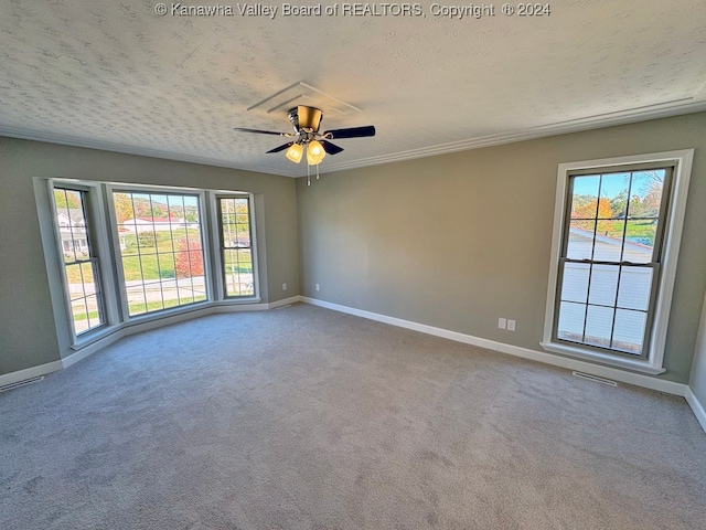 carpeted spare room with a wealth of natural light, a textured ceiling, and ceiling fan