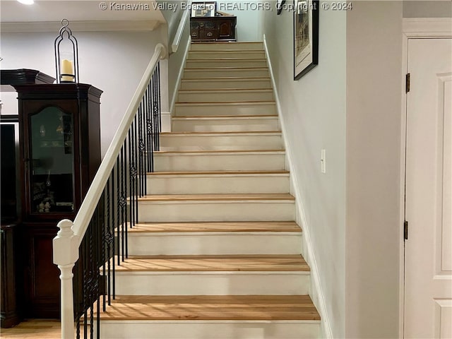 stairs featuring crown molding and hardwood / wood-style floors