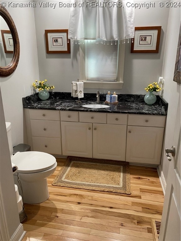 bathroom with vanity, toilet, and hardwood / wood-style flooring