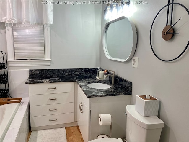 bathroom with vanity, hardwood / wood-style floors, toilet, and tiled tub