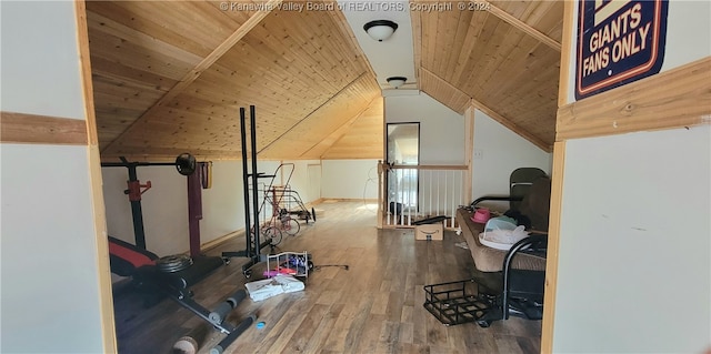 additional living space featuring wooden ceiling, lofted ceiling, and hardwood / wood-style floors