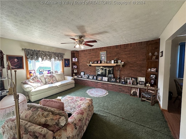 living room with carpet flooring, a textured ceiling, and ceiling fan