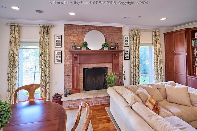 living room with ornamental molding, hardwood / wood-style floors, a healthy amount of sunlight, and a fireplace