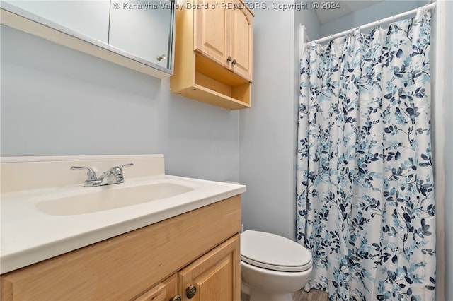 bathroom featuring curtained shower, vanity, and toilet