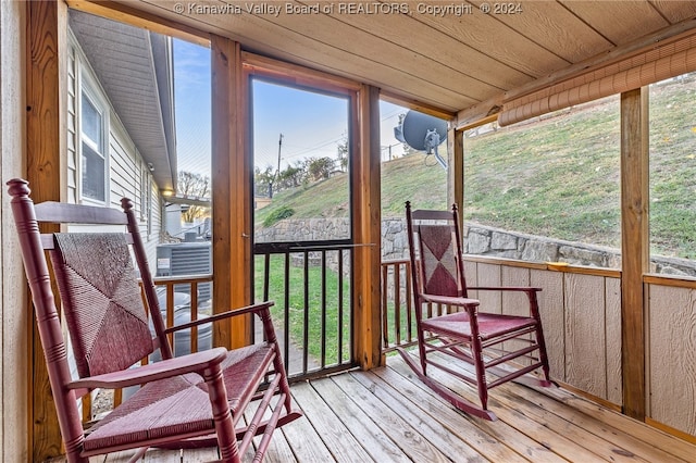 sunroom featuring wooden ceiling