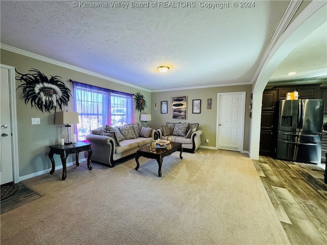 living room with crown molding, a textured ceiling, and light colored carpet