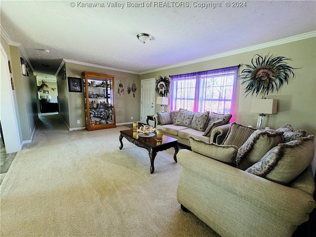 living room with a textured ceiling, ornamental molding, and light colored carpet