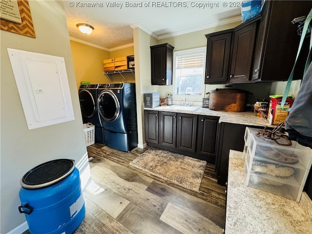 laundry room with washer and dryer, ornamental molding, electric panel, and light wood-type flooring