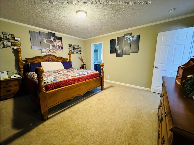 bedroom with crown molding, a textured ceiling, and carpet floors