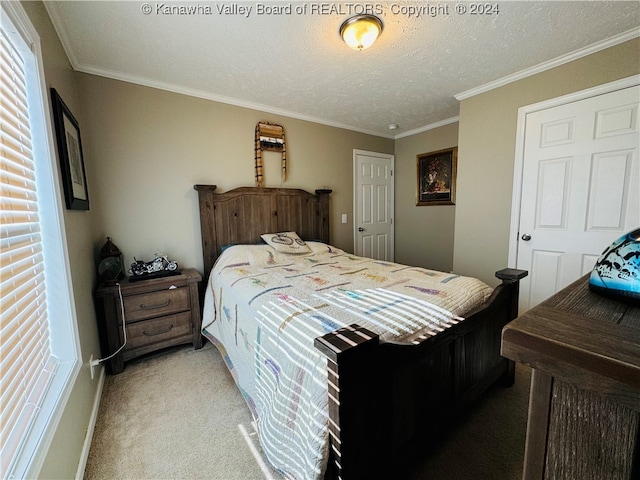 bedroom featuring a textured ceiling, ornamental molding, multiple windows, and light colored carpet