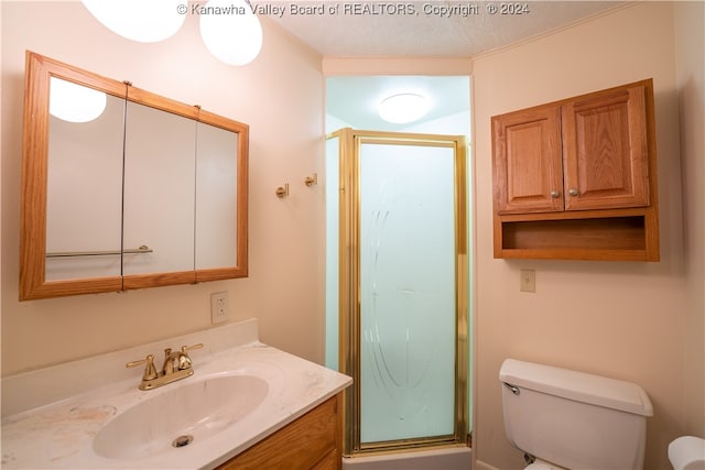 bathroom featuring an enclosed shower, vanity, a textured ceiling, and toilet