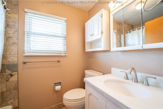 bathroom featuring walk in shower, vanity, and toilet