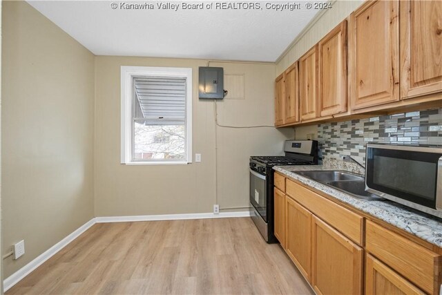 302 Kenna Dr, South Charleston, WV 25309 - kitchen featuring appliances with stainless steel finishes, electric panel, light wood finished floors, and backsplash
