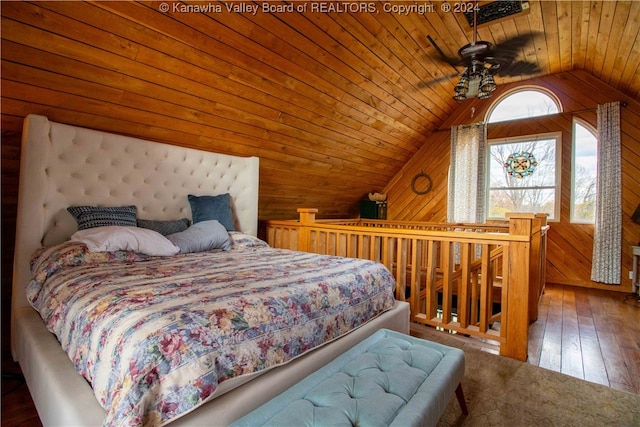 bedroom featuring wood walls, hardwood / wood-style floors, wood ceiling, and vaulted ceiling