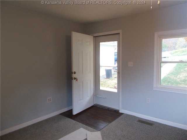 doorway to outside with dark carpet