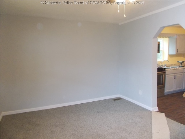 empty room with dark colored carpet and sink