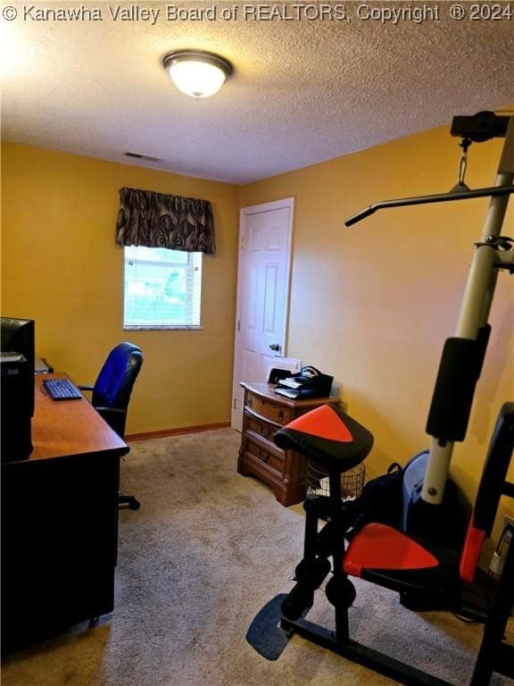 home office with carpet flooring and a textured ceiling