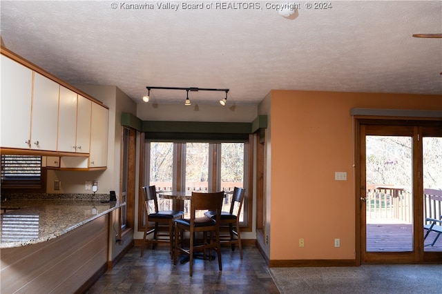 dining room with a textured ceiling, rail lighting, and a healthy amount of sunlight