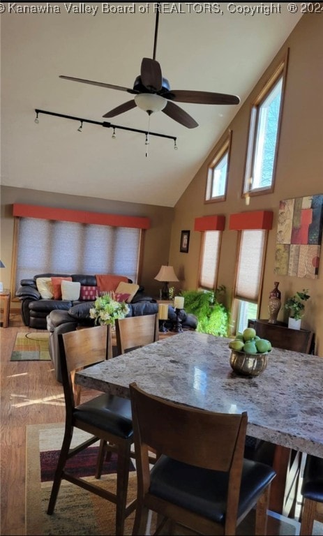 dining area featuring hardwood / wood-style floors, high vaulted ceiling, and ceiling fan