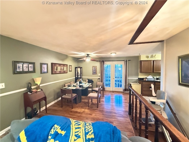 dining room featuring french doors, ceiling fan, and dark hardwood / wood-style flooring