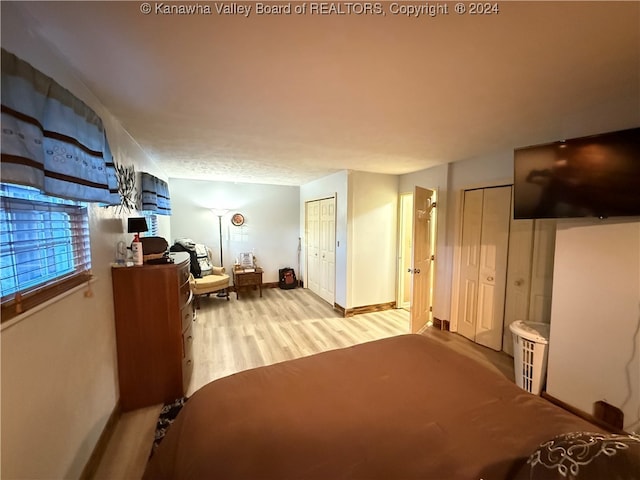 bedroom with light hardwood / wood-style flooring and two closets