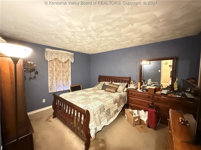 bedroom with light colored carpet