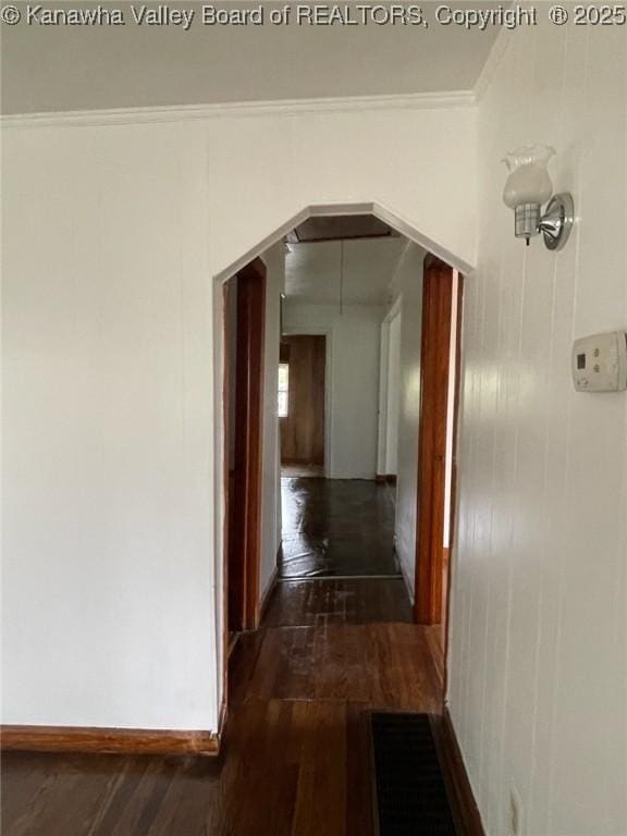 hallway featuring crown molding and dark hardwood / wood-style flooring