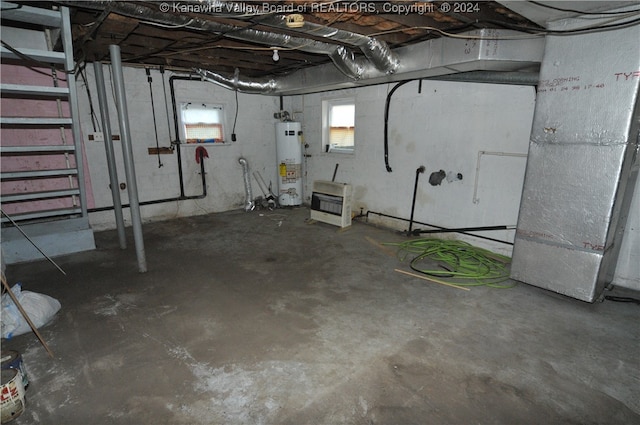 basement with water heater and heating unit