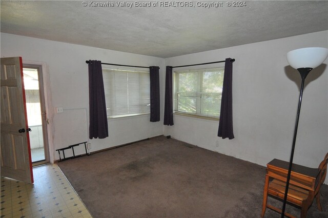 unfurnished room featuring a textured ceiling and dark carpet